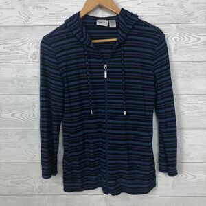 Chico's Womens Size 0/Small Striped Zip Front Hooded Jacket Open Knit Blue Black
